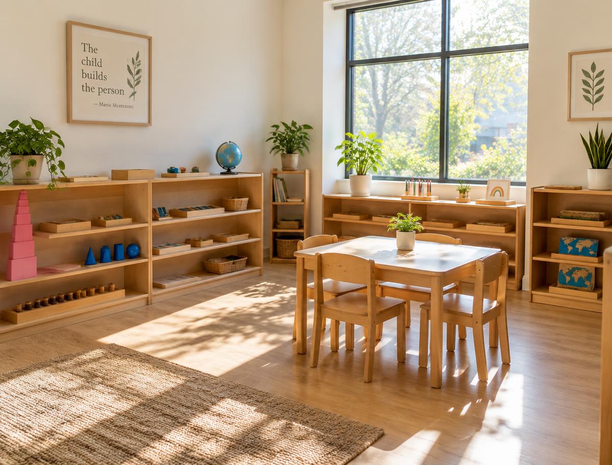 Bright Montessori classroom with wooden shelves